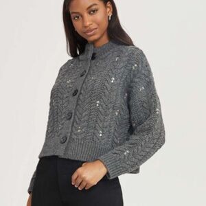 Something Navy Charcoal Gray  Embroidered Cable Knit Embellishments Cardigan